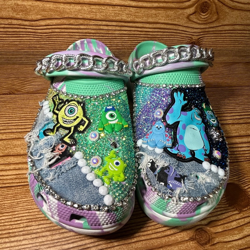 Monster Inc Platform Wedge Green & Blue Tie Dyed Bling Crocs